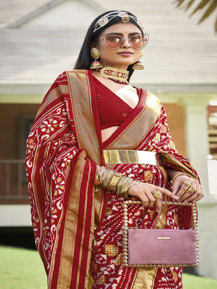Red Ikat Motifs Printed Foil Border Silk Saree