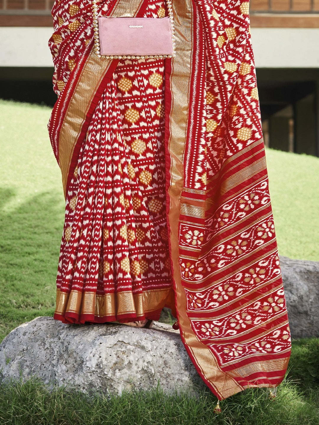 Red Ikat Motifs Printed Foil Border Silk Saree