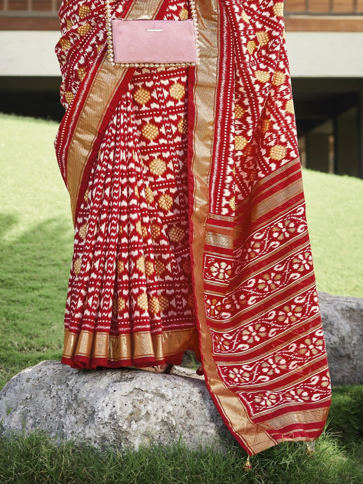 Red Ikat Motifs Printed Foil Border Silk Saree