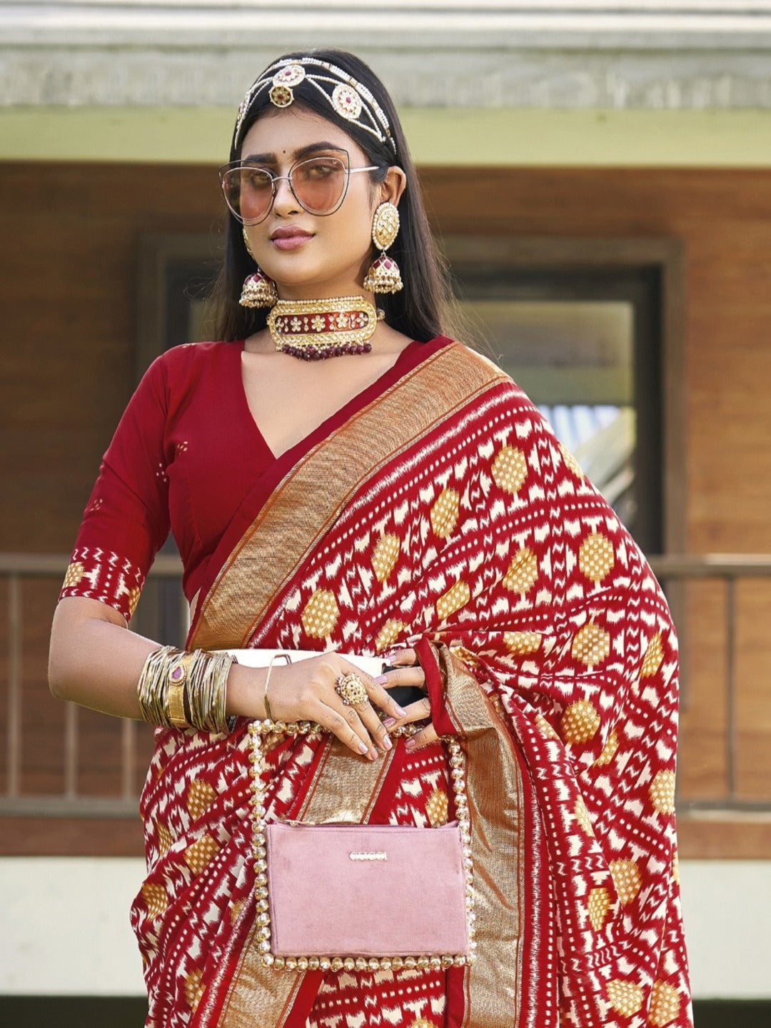 Red Ikat Motifs Printed Foil Border Silk Saree