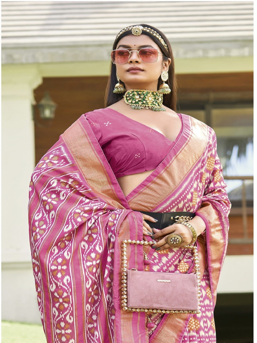 Mauve Ikat Motifs Printed Foil Border Silk Saree (Pre-Order)