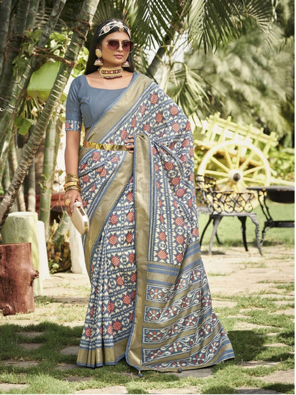Grey Ikat Motifs Printed Foil Border Silk Saree (Pre-Order)