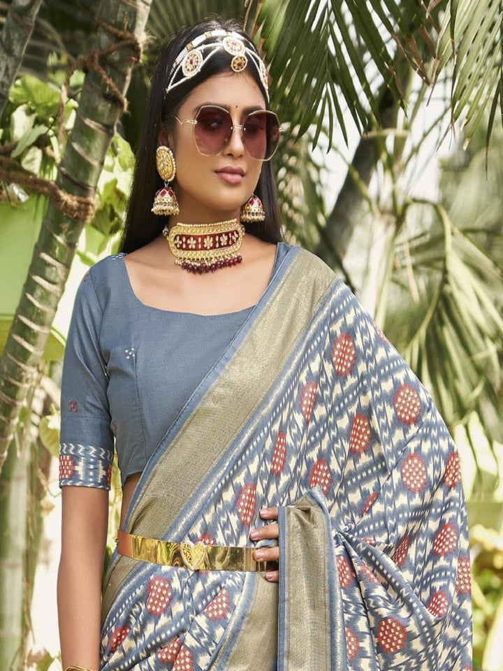 Grey Ikat Motifs Printed Foil Border Silk Saree