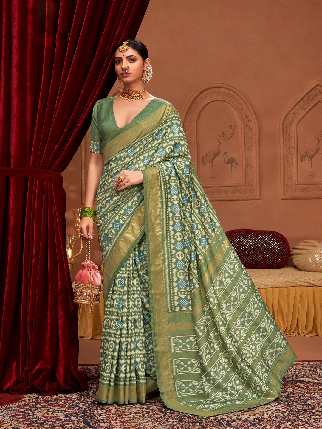 Mehndi Ikat Motifs Printed Foil Border Silk Saree (Pre-Order)