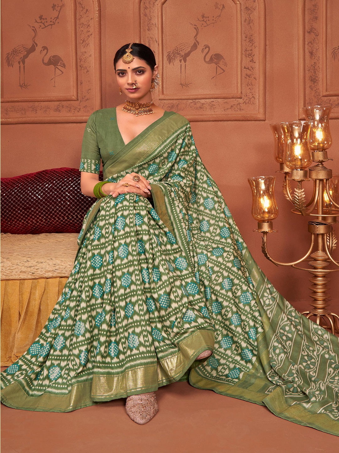 Mehndi Ikat Motifs Printed Foil Border Silk Saree (Pre-Order)