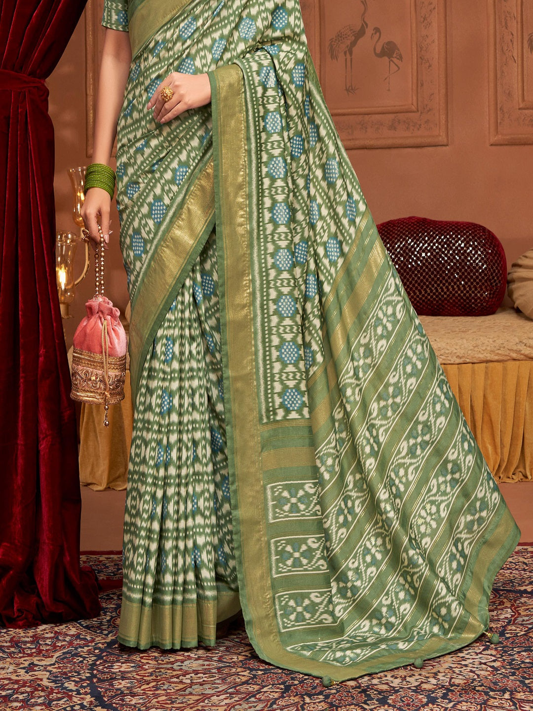 Mehndi Ikat Motifs Printed Foil Border Silk Saree (Pre-Order)