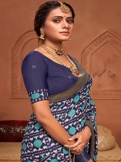 Navy Blue Ikat Motifs Printed Foil Border Silk Saree (Pre-Order)