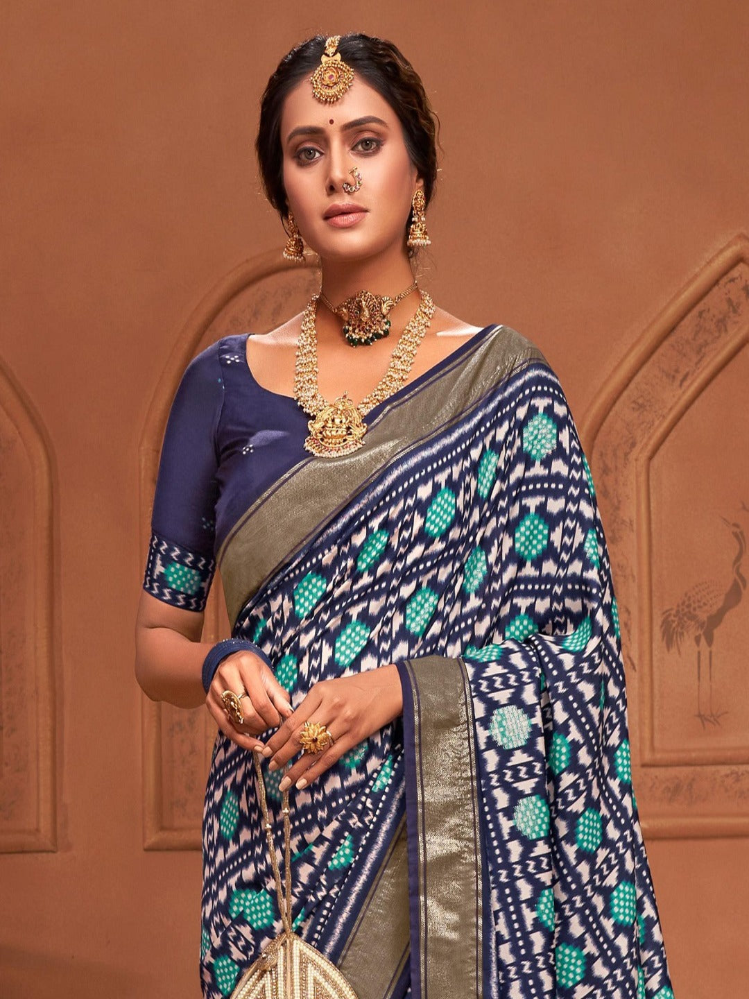 Navy Blue Ikat Motifs Printed Foil Border Silk Saree (Pre-Order)