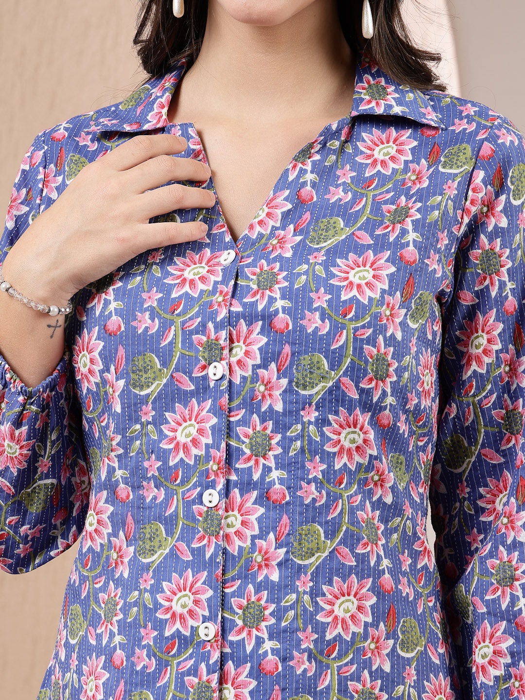 Floral Printed Cotton Shirt Style Top