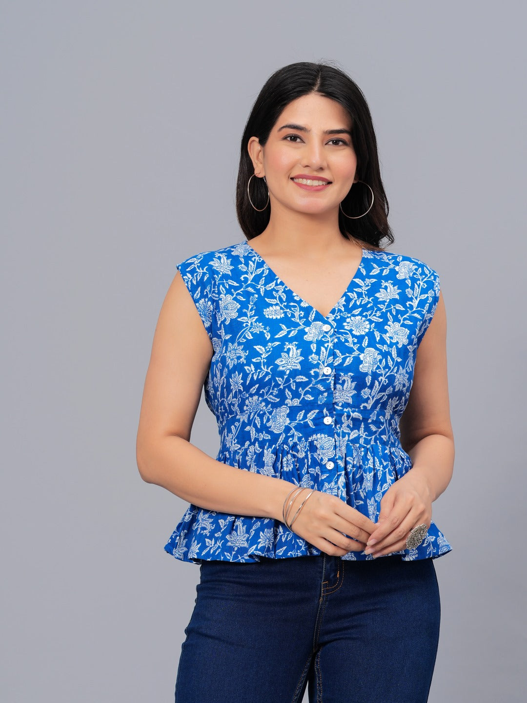Floral Printed Cotton Peplum Top