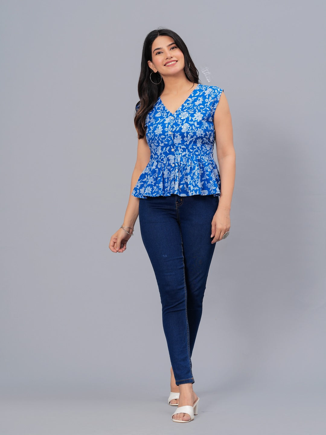 Floral Printed Cotton Peplum Top