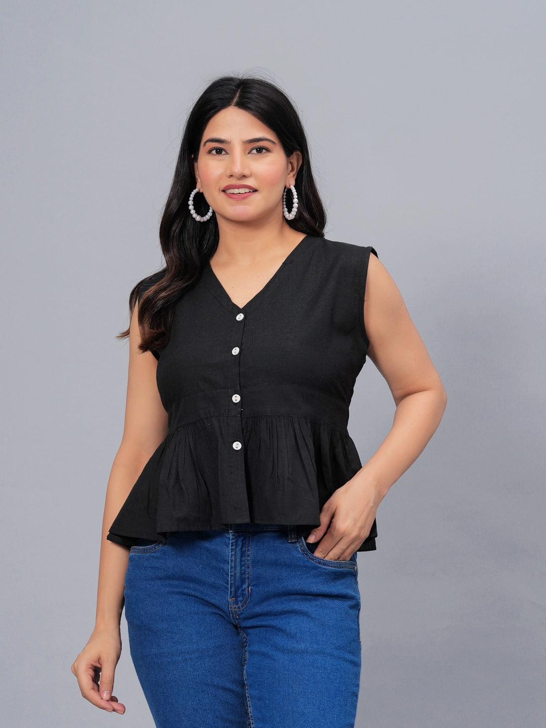 Solid Cotton Blend Peplum Top