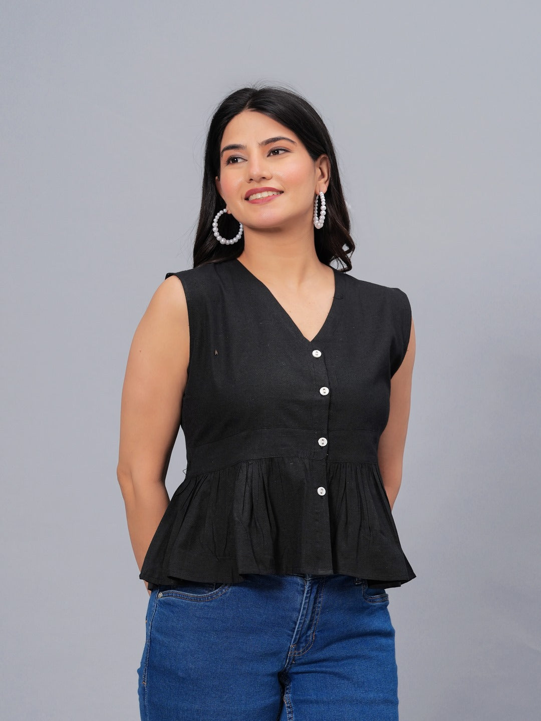 Solid Cotton Blend Peplum Top