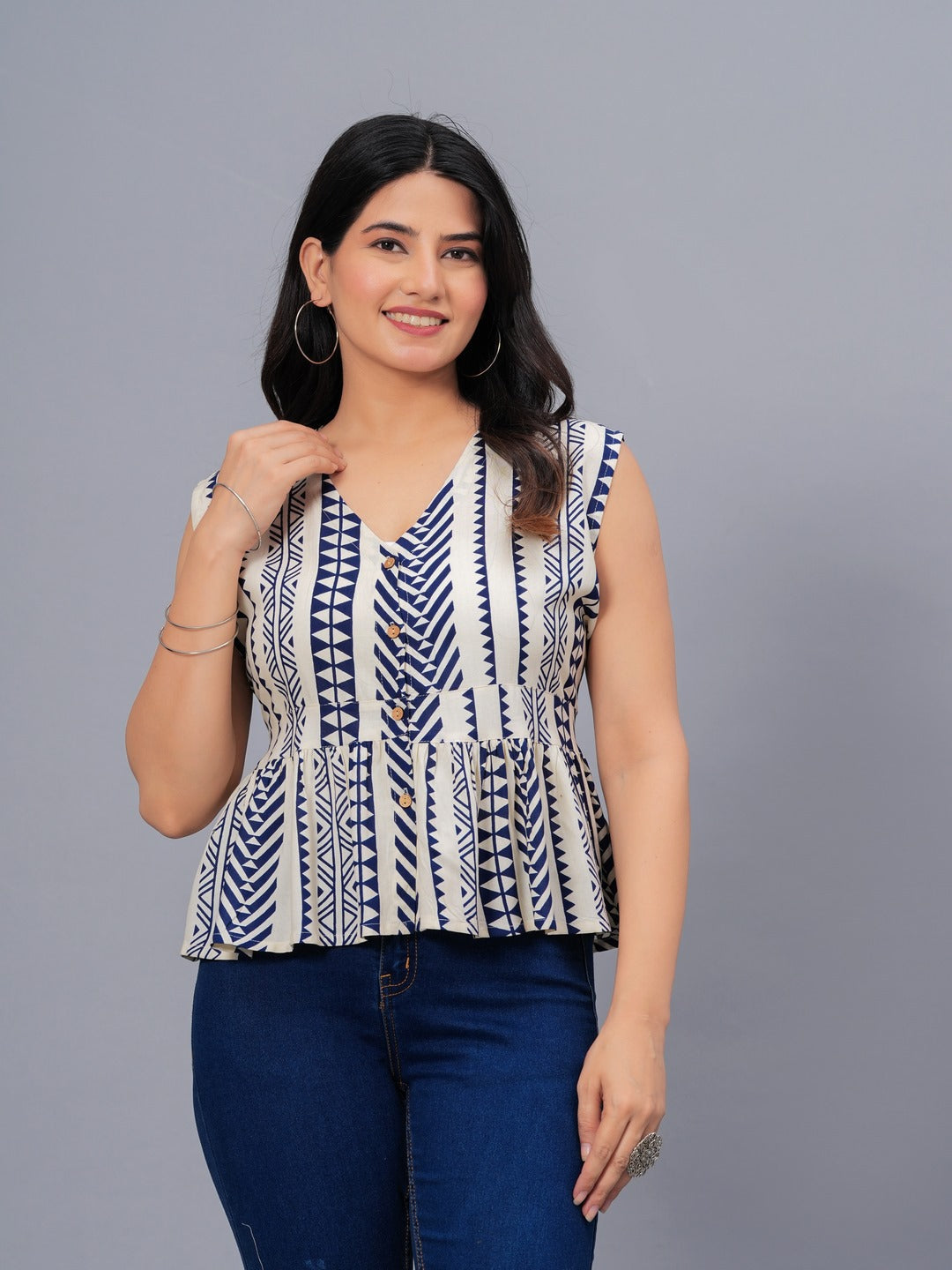 Geometric Printed Rayon Peplum Top (Pre-Order)