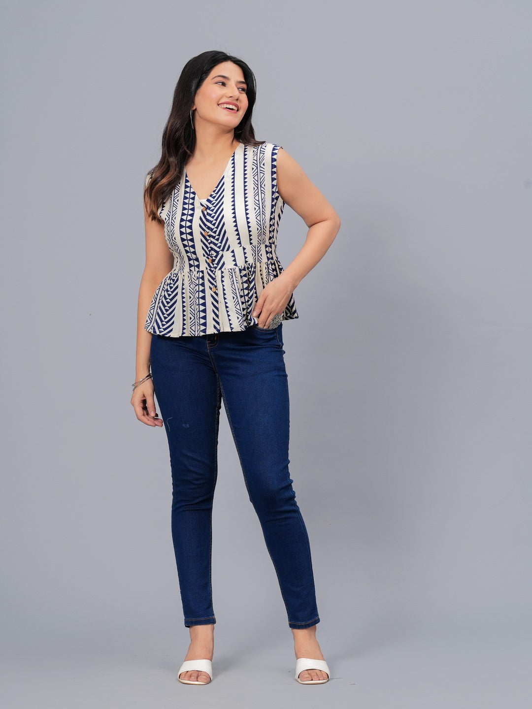 Geometric Printed Rayon Peplum Top