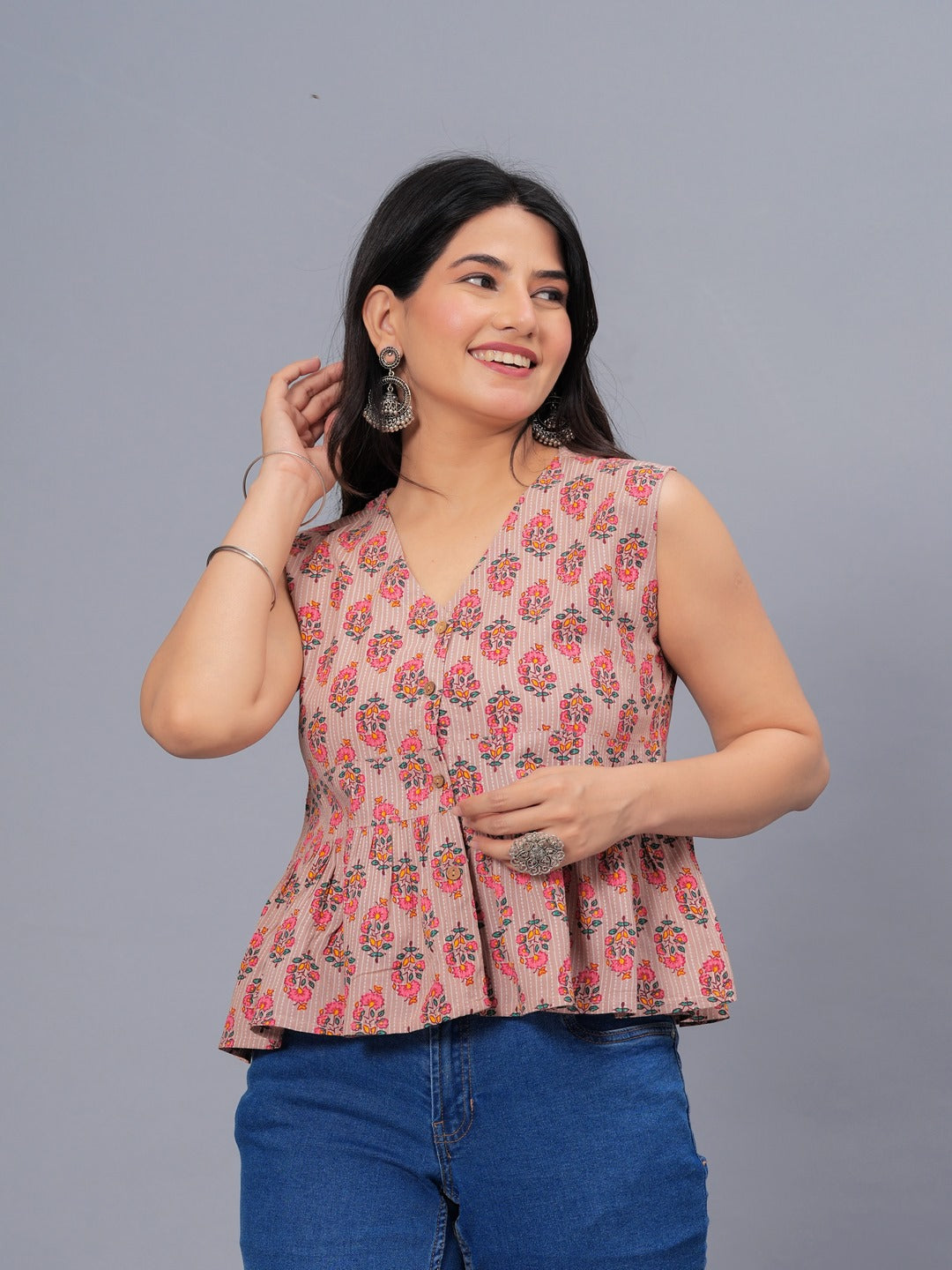 Floral Printed Rayon Peplum Top