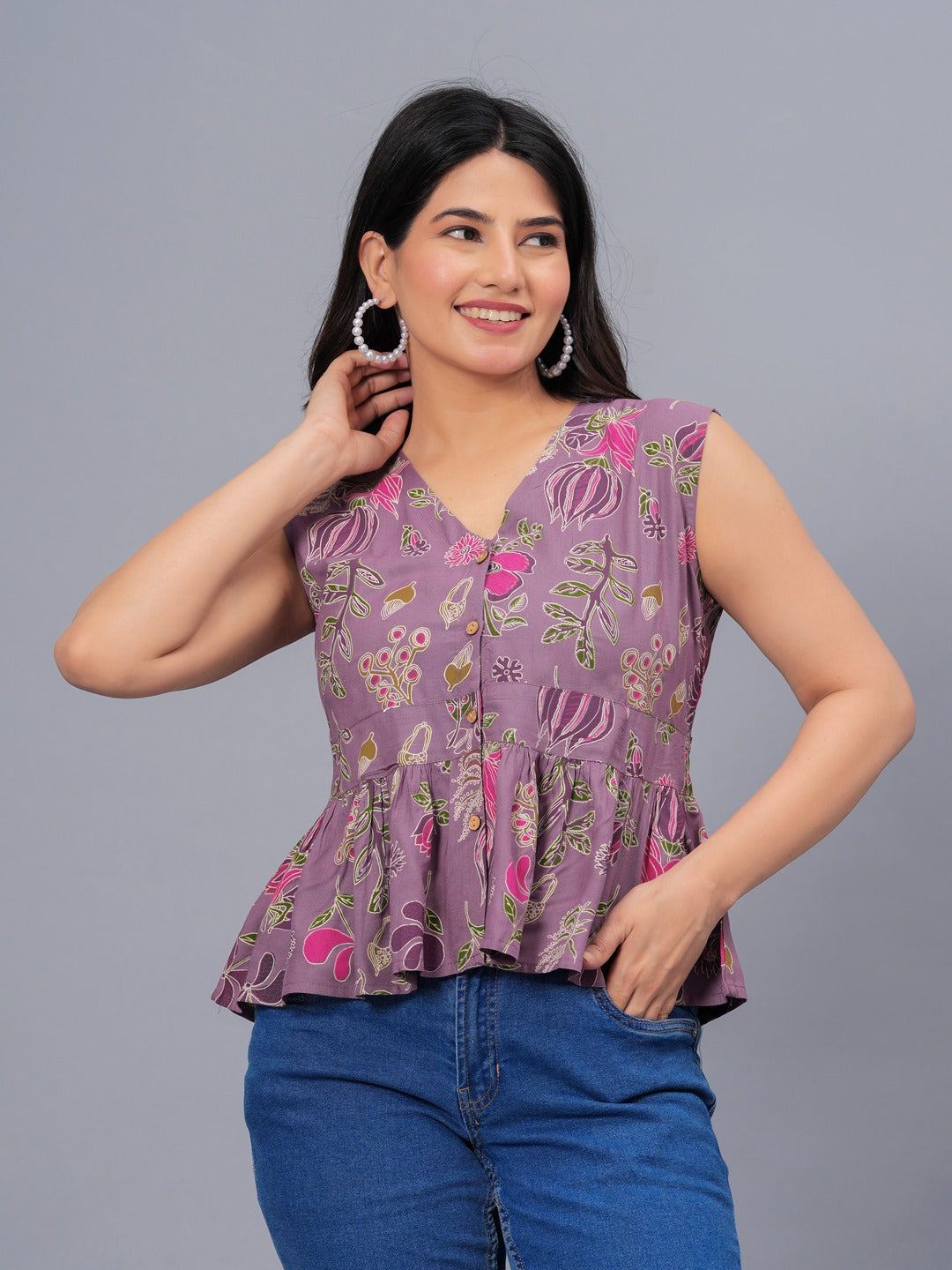 Floral Printed Rayon Peplum Top