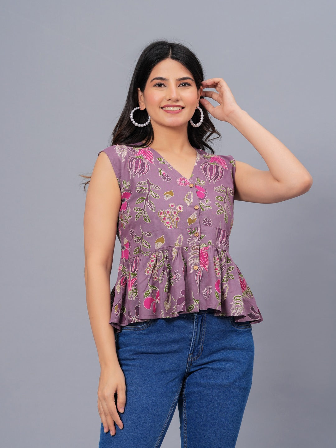 Floral Printed Rayon Peplum Top (Pre-Order)