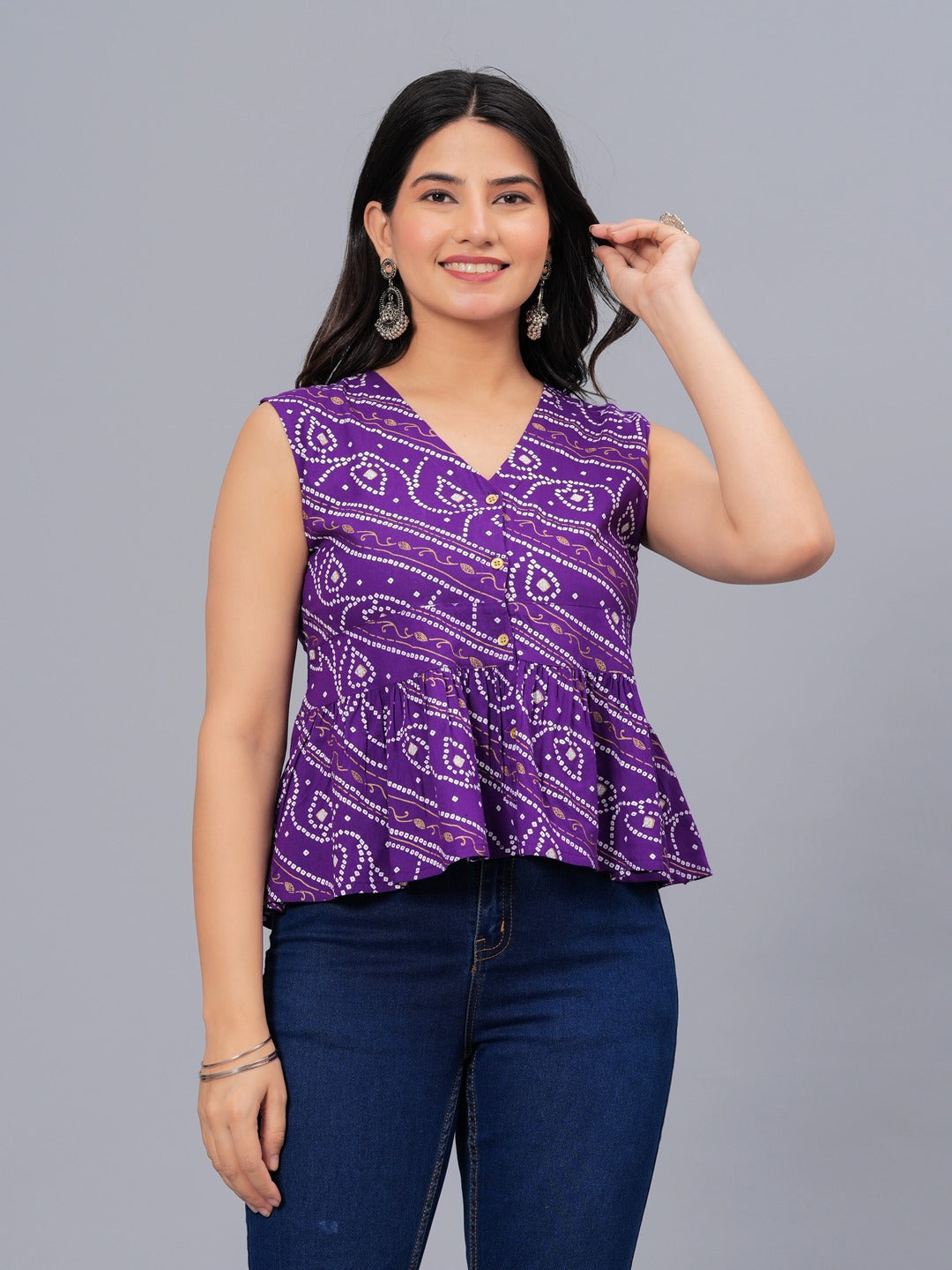 Bandhej Printed Rayon Peplum Top (Pre-Order)