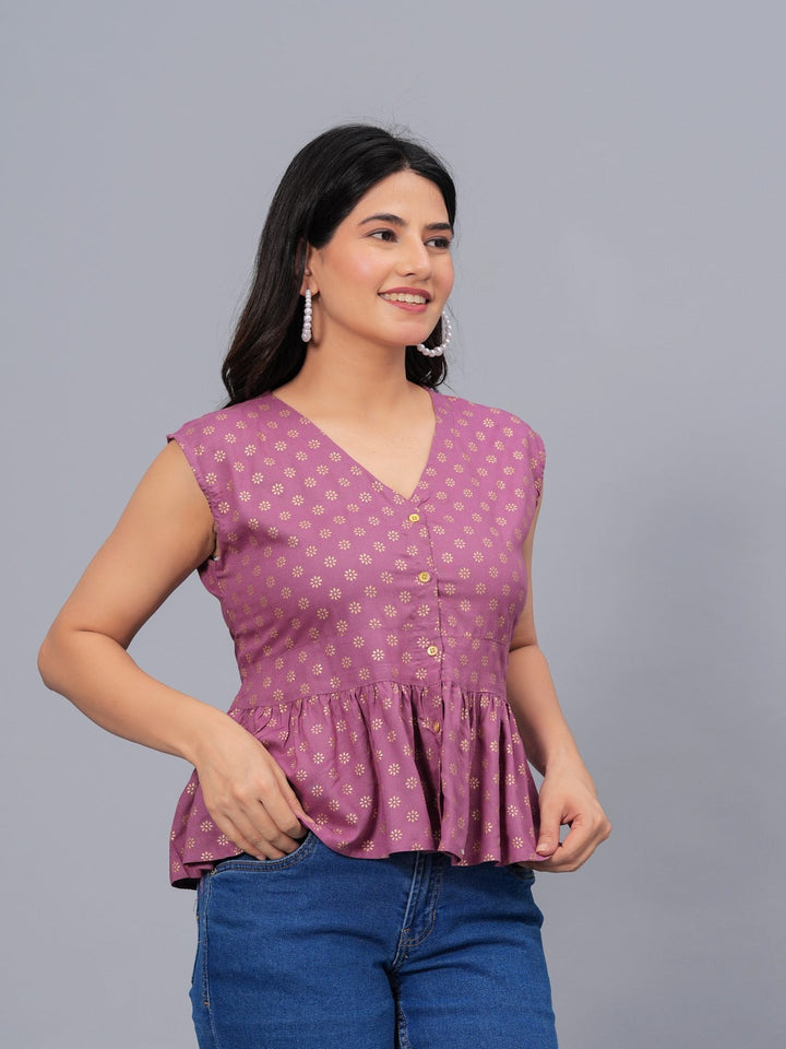 Gold &amp; Khari Printed Rayon Peplum Top