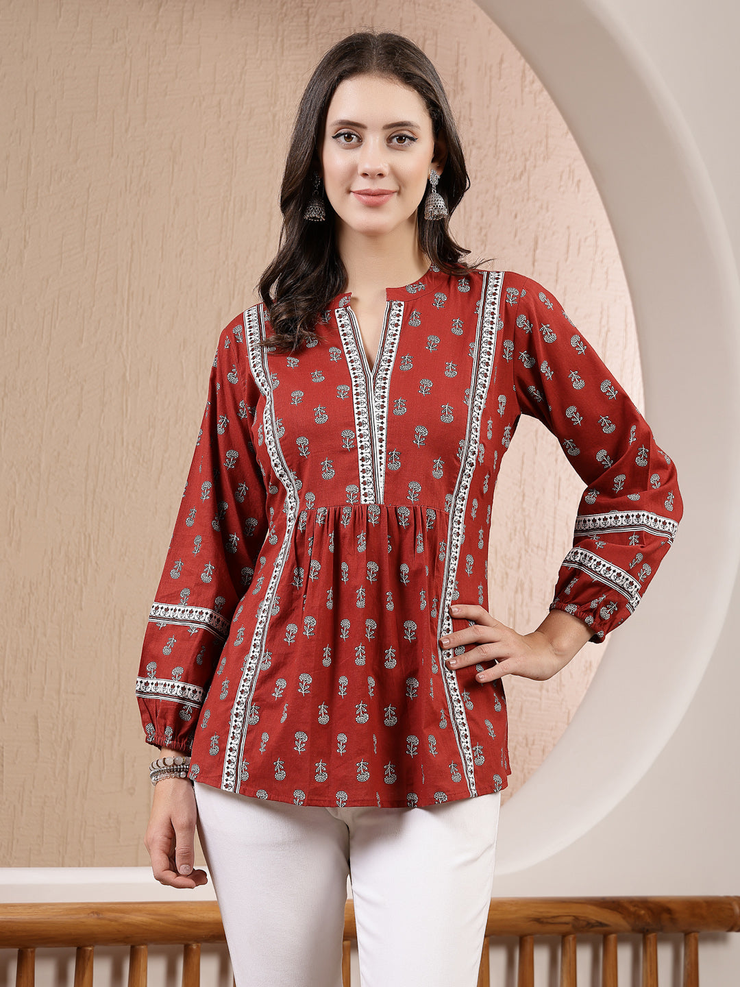 Rust Ethnic Motif Printed Cotton Empire Top (Pre-Order)