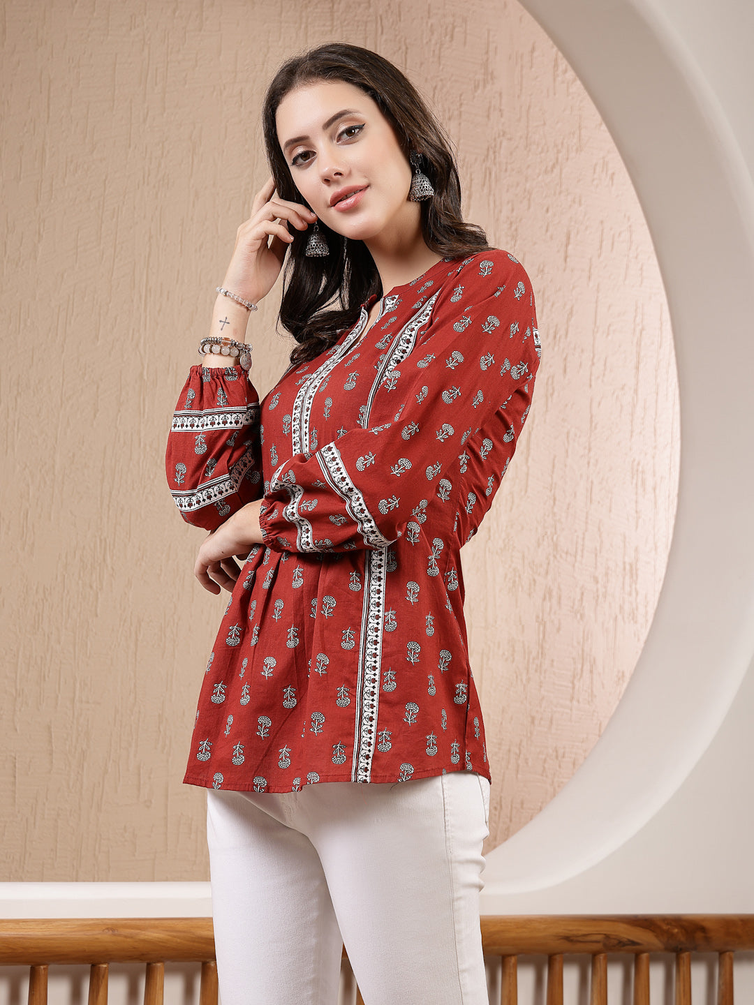 Rust Ethnic Motif Printed Cotton Empire Top (Pre-Order)