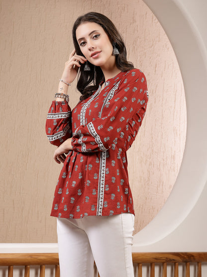 Rust Ethnic Motif Printed Cotton Empire Top (Pre-Order)