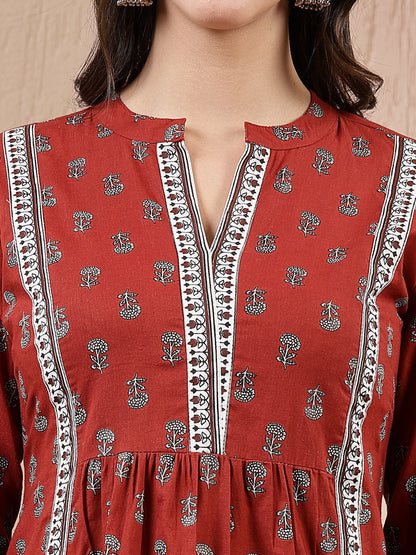 Rust Ethnic Motif Printed Cotton Empire Top (Pre-Order)