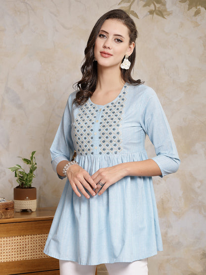 Sky Blue Solid & Embroidered Cotton Blend Peplum Top