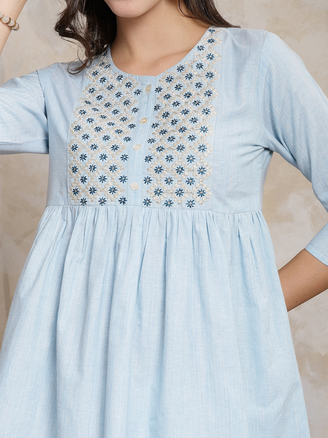 Sky Blue Solid &amp; Embroidered Cotton Blend Peplum Top