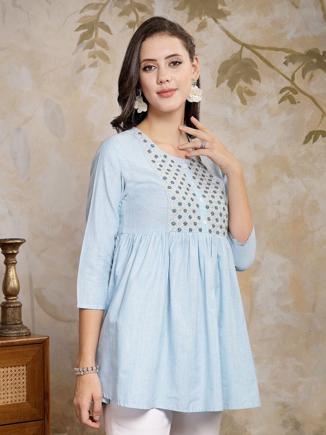Sky Blue Solid & Embroidered Cotton Blend Peplum Top