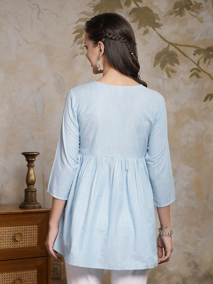 Sky Blue Solid &amp; Embroidered Cotton Blend Peplum Top