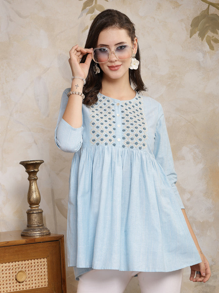 Sky Blue Solid &amp; Embroidered Cotton Blend Peplum Top