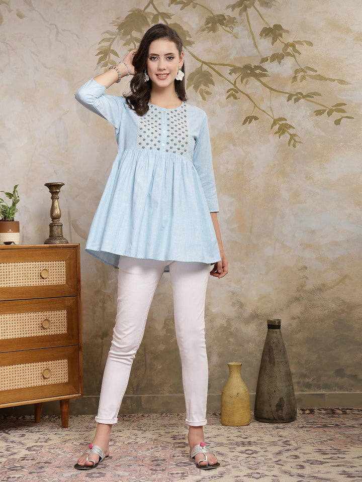 Sky Blue Solid &amp; Embroidered Cotton Blend Peplum Top