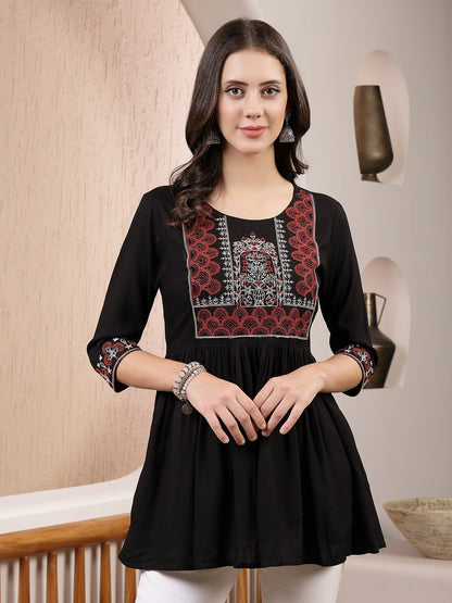 Black Solid & Embroidered Rayon Peplum Top (Pre-Order)