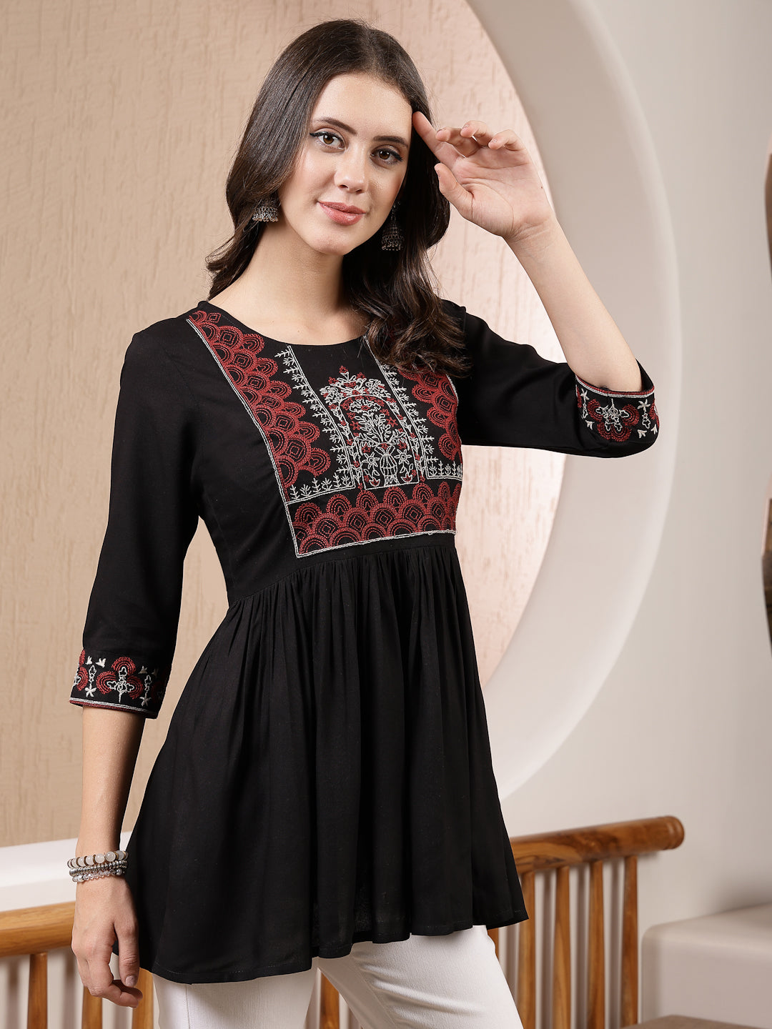 Black Solid & Embroidered Rayon Peplum Top (Pre-Order)