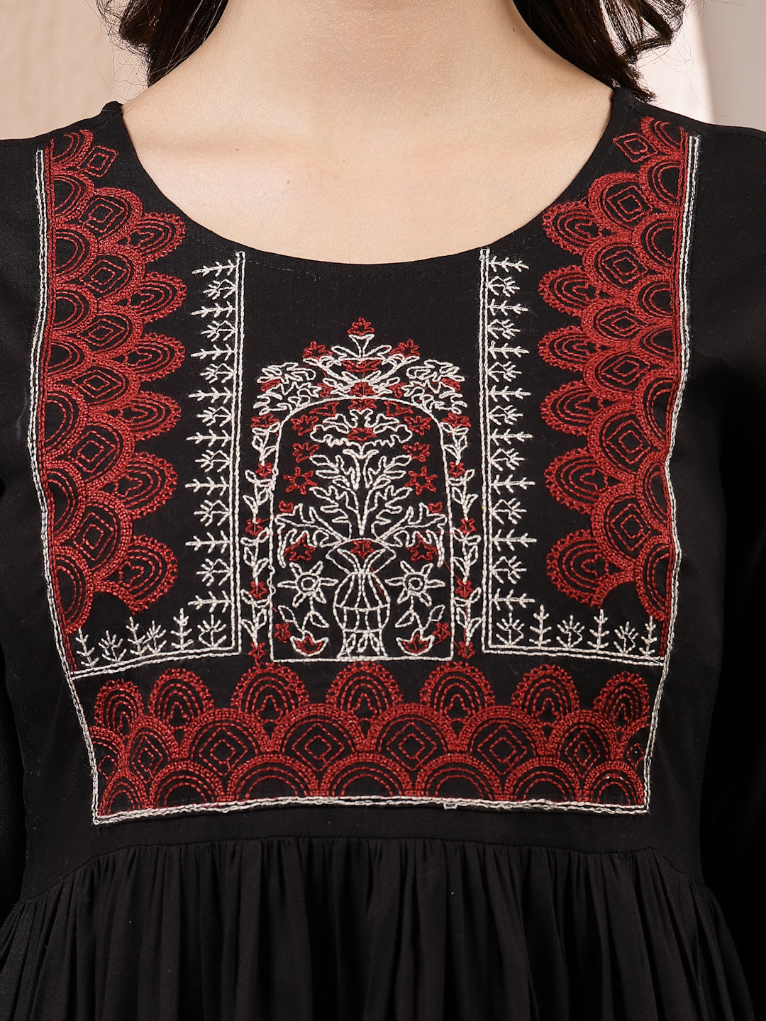 Black Solid & Embroidered Rayon Peplum Top (Pre-Order)