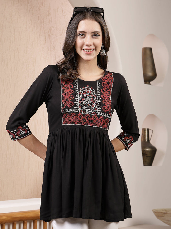 Black Solid &amp; Embroidered Rayon Peplum Top