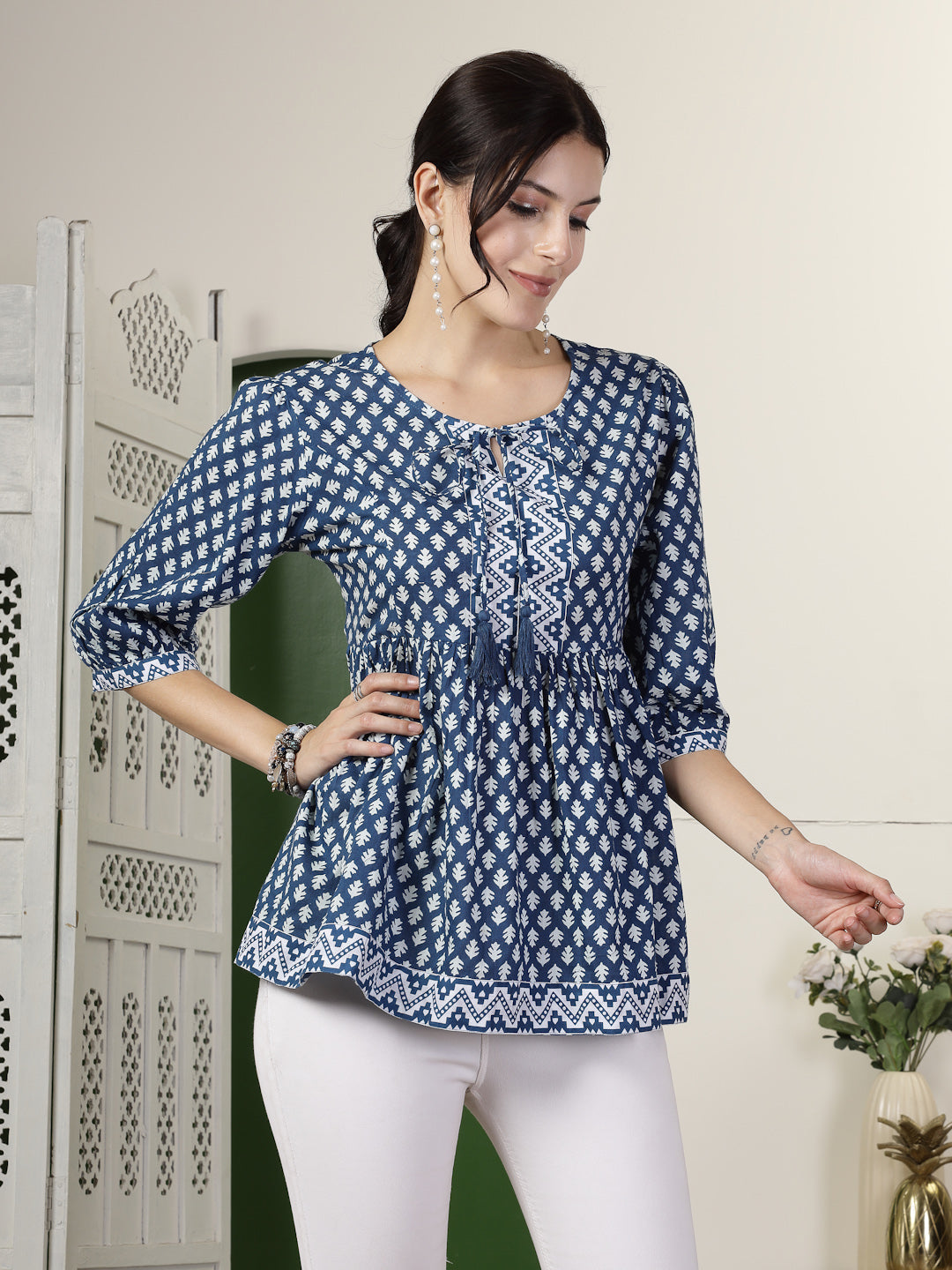Geometric Printed Rayon Peplum Top (Pre-Order)