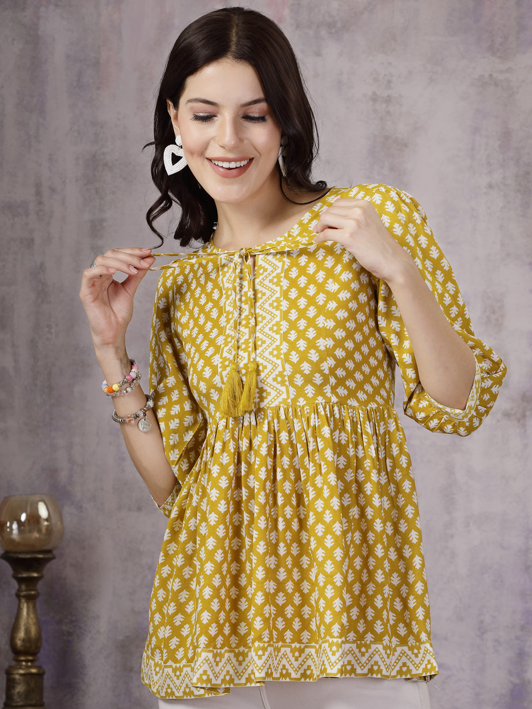 Geometric Printed Rayon Peplum Top