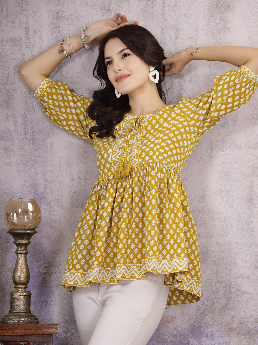 Geometric Printed Rayon Peplum Top (Pre-Order)