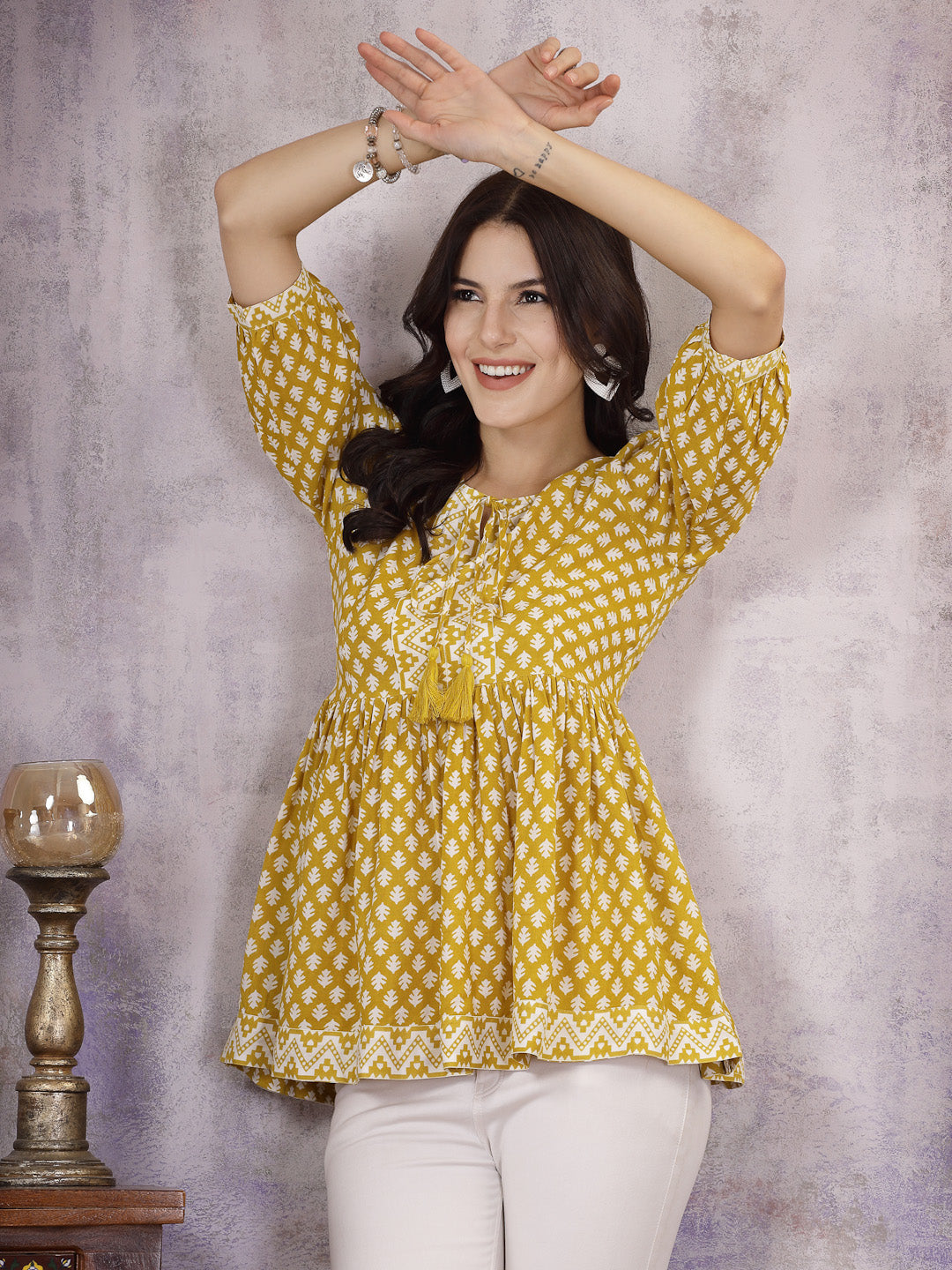 Geometric Printed Rayon Peplum Top (Pre-Order)