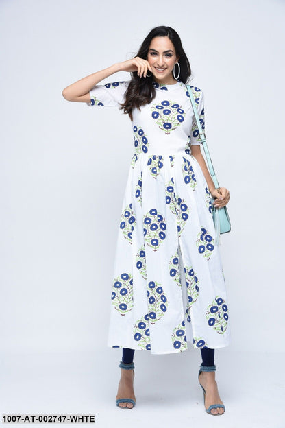 Floral Print Cotton Front Slit Kurta (White) (Pre-Order)