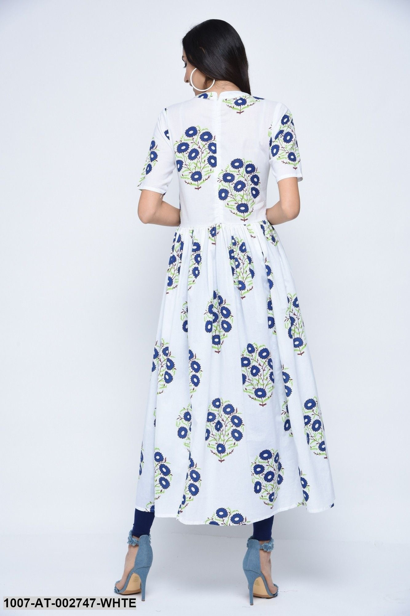 Floral Print Cotton Front Slit Kurta (White) (Pre-Order)