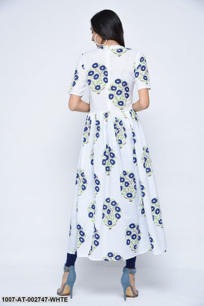 Floral Print Cotton Front Slit Kurta (White) (Pre-Order)