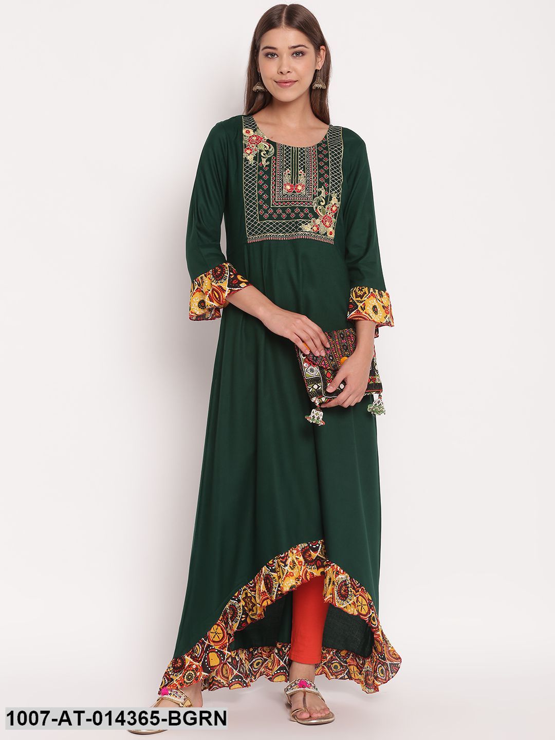 Embroidered Rayon High Low Kurta (Bottle Green) (Pre-Order)