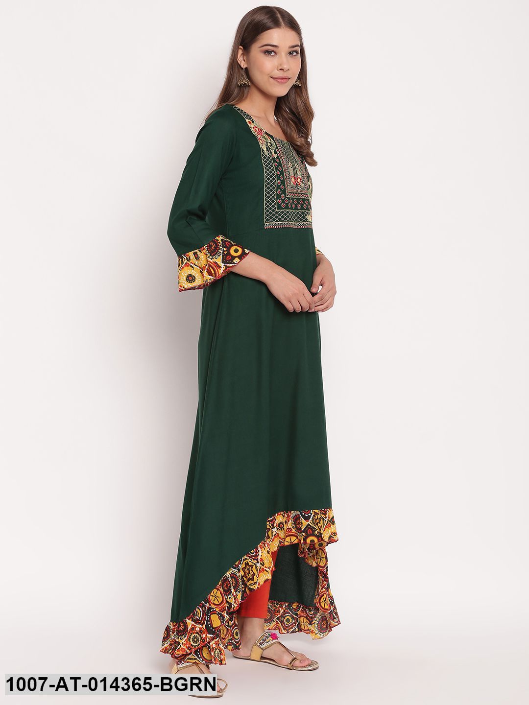 Embroidered Rayon High Low Kurta (Bottle Green) (Pre-Order)