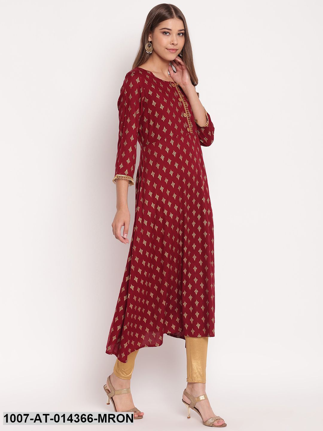 Gold Print Rayon A-Line Kurta (Maroon) (Pre-Order)
