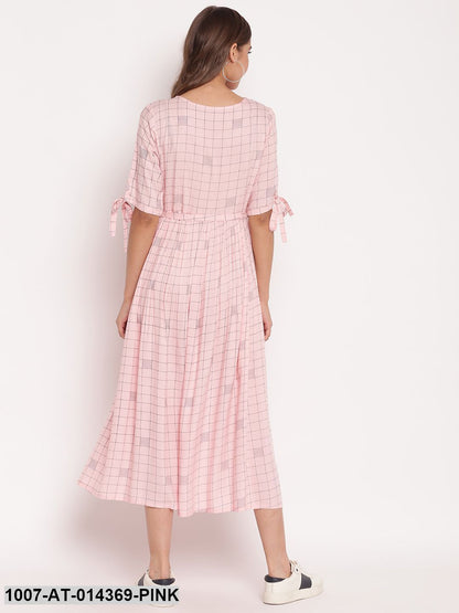 Checkered Rayon Flared Dress Kurta (Pastel Pink) (Pre-Order)