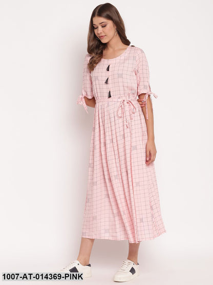 Checkered Rayon Flared Dress Kurta (Pastel Pink) (Pre-Order)